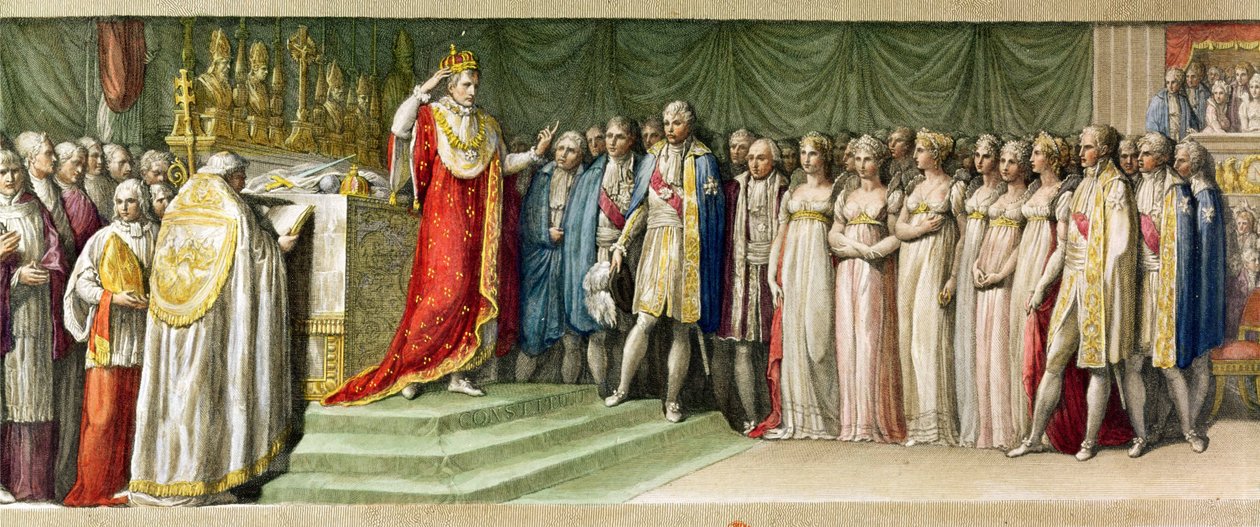 Napoleon Bonaparte (1769-1821) die zichzelf kroont met de IJzeren Kroon van de Lombarden in Milaan, 1805 door French School