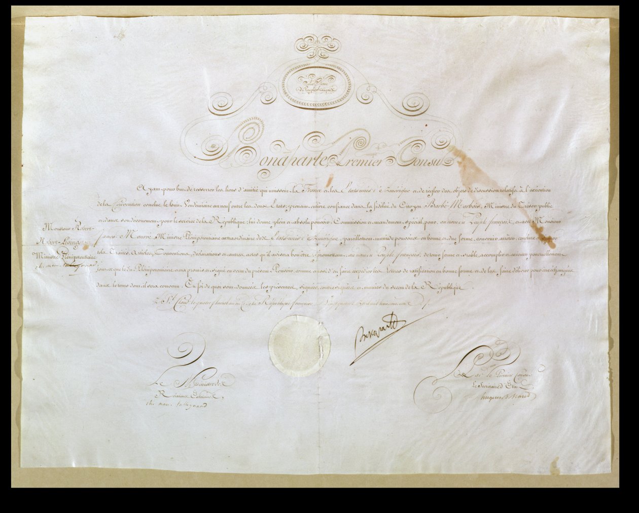 Napoleon Bonapartes (1769-1821) autorisatie voor de aankoop van Louisiana door de Verenigde Staten, 30 april 1803 door French School
