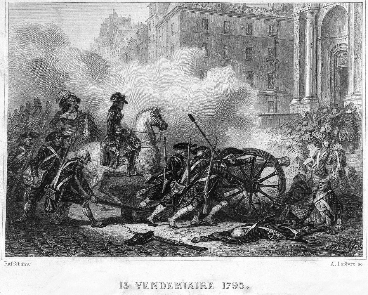 Napoleon verplettert royalistische opstand - Napoleon Bonaparte (te paard) beveelt revolutionaire troepen in straatgevechten op 13 Vendemiaire (5 oktober) - 13 Vendemiaire 1795 (Royalistische opstand van 5 oktober 1795): Bonaparte herstelde de orde door te door French School