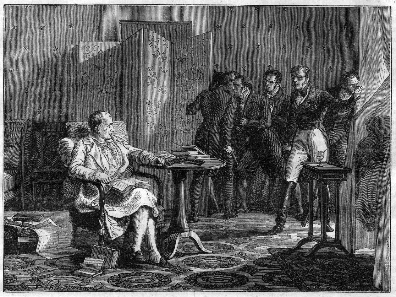 Napoleon I op Sint-Helena in oktober 1818 vastbesloten om zich te verzetten tegen de poging van Hudson Lowe, Britse generaal, om de deur te forceren - in 