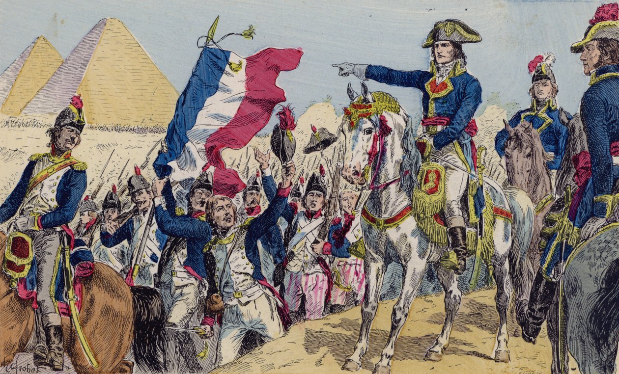 Napoleon bij de Slag om de Piramiden, Egypte door French School