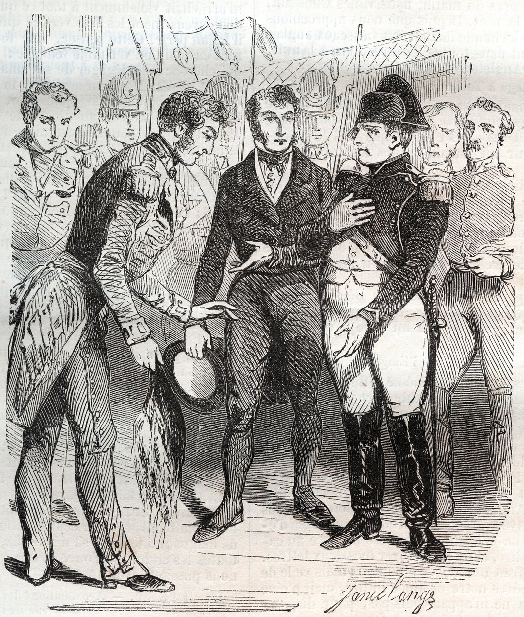 Napoleon vertrouwt op het Britse geloof - Napoleon Bonaparte aan boord van het Britse schip Bellerophon dat hem naar ballingschap op Sint-Helena zal brengen op 14 juli 1815 door French School