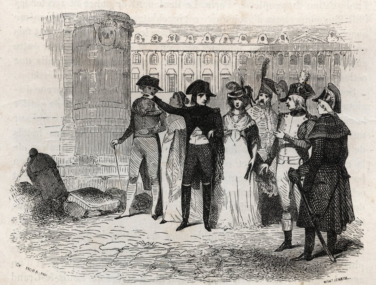 Napoleon wandelend met Madame Tallien, geboren Theresa Cabarrus, Prinses van Caraman, Prinses van Caraman Chimay (1773-1835) Place Vendome in Parijs - gravure in 