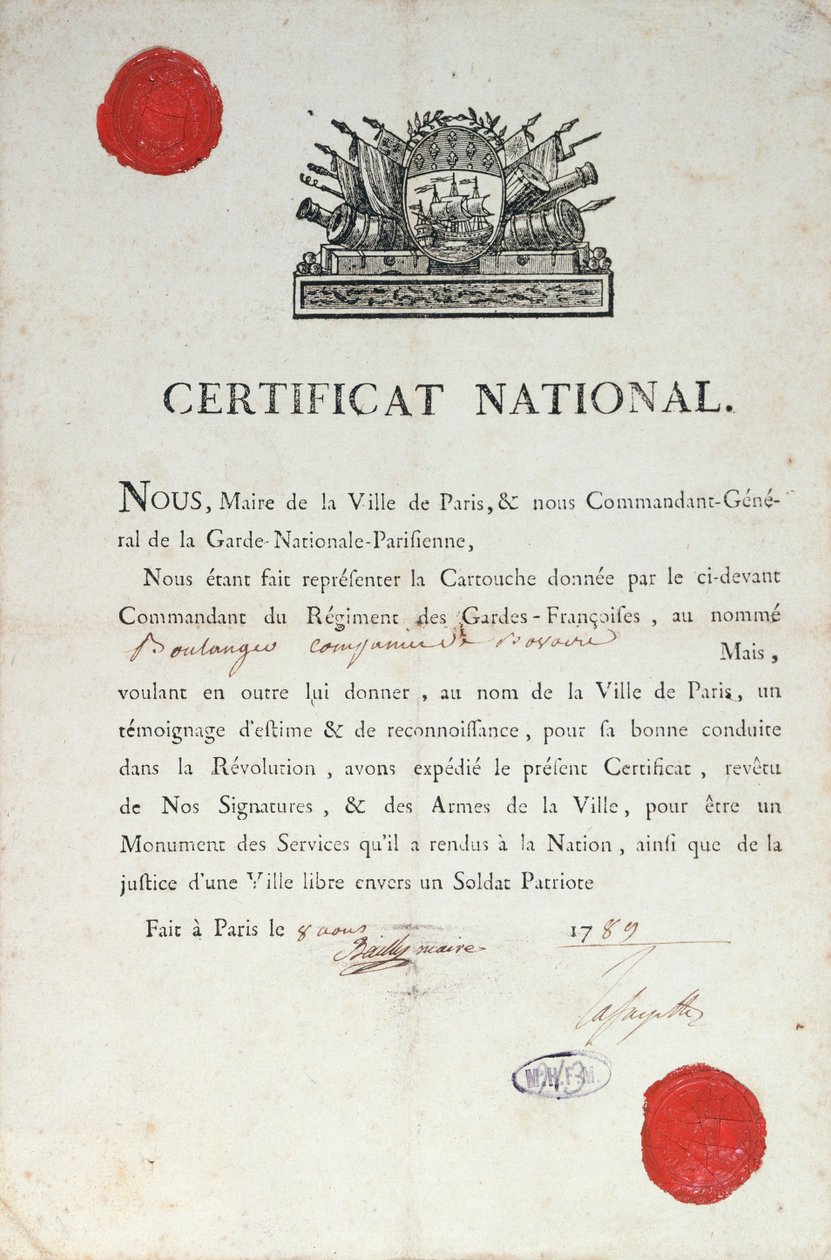 Nationaal Certificaat van Goed Gedrag tijdens de Franse Revolutie, 8 augustus 1789 in Parijs door French School