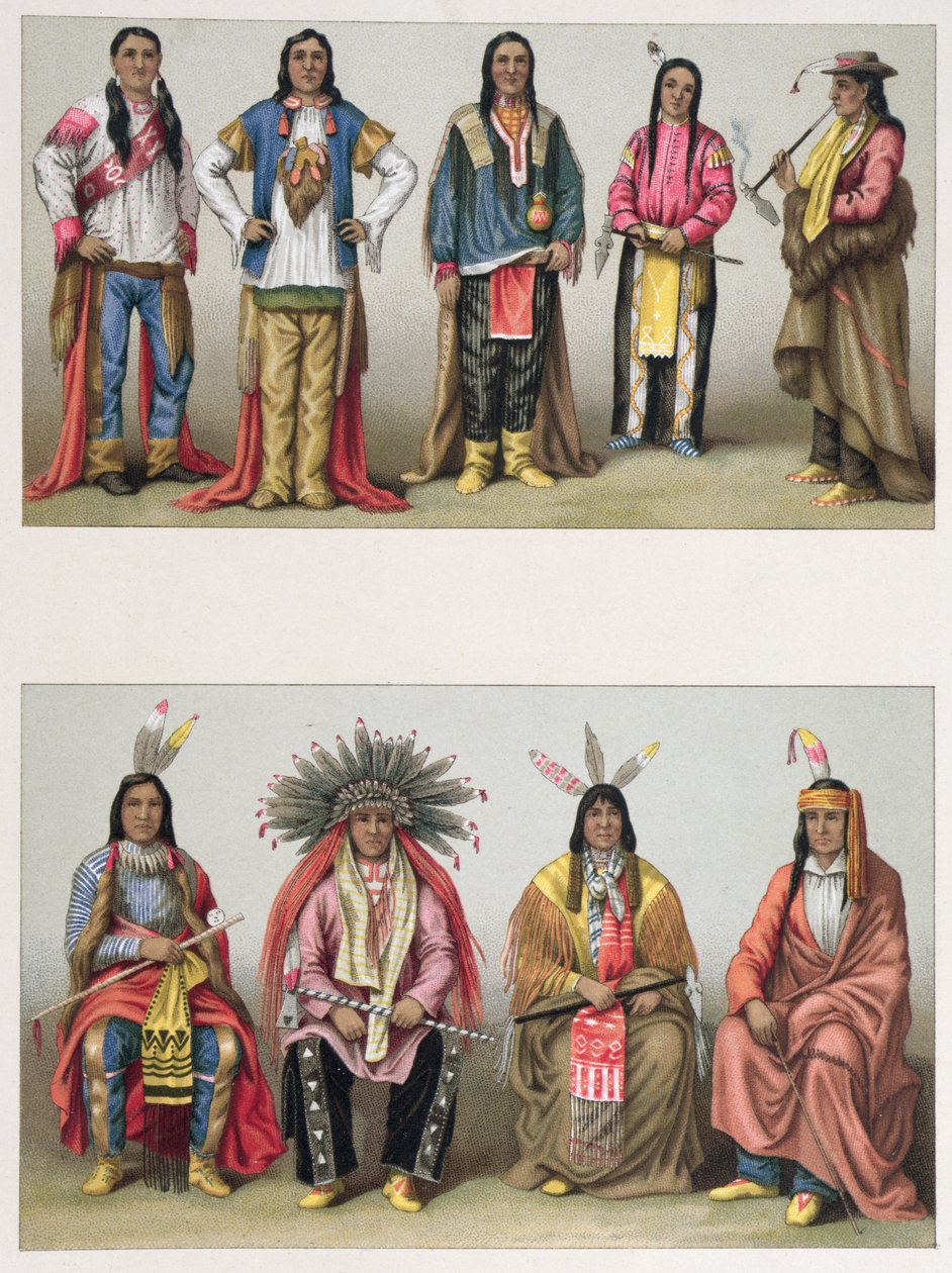 Indianen uit het Mississippi-bekken en uit Colorado, illustratie uit Le Costume Historique door A. Racinet, gepubliceerd in Parijs 1888 door French School