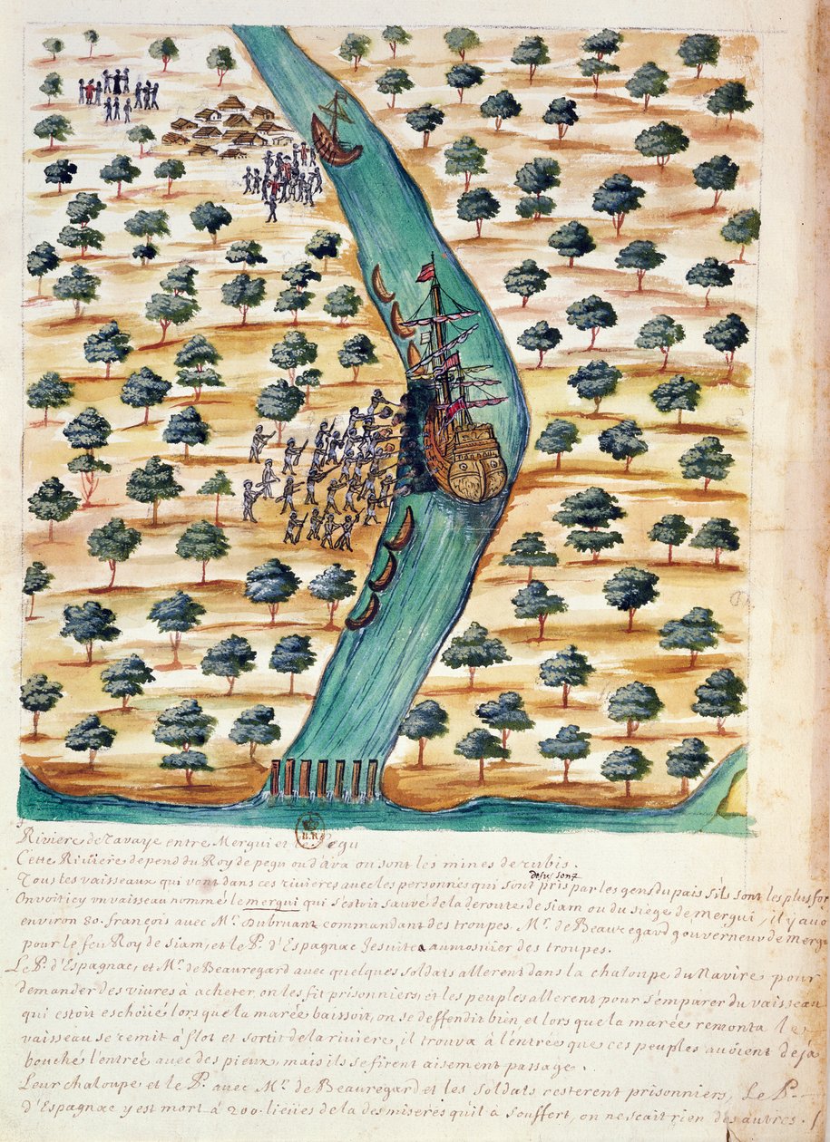 Inboorlingen die Franse schepen aanvallen op de rivier Tavoy, uit een verslag van de Jezuïeten in Siam, 1688 door French School
