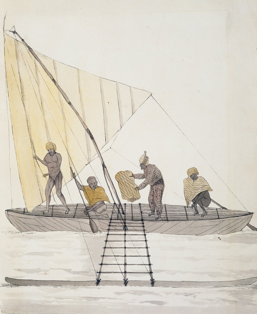 Inboorlingen van Iles Basses en uitgebalanceerde zeilkano, aquarel door Jules-Louis Lejeune, uit Duperrey