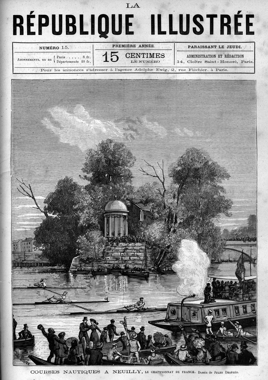 Nautische races: Frans roeikampioenschap georganiseerd op de Seine tegenover het Ile de la Grande Jatte in Neuilly. Gravure uit 1880 in "La republique illustree" privécollectie. door French School