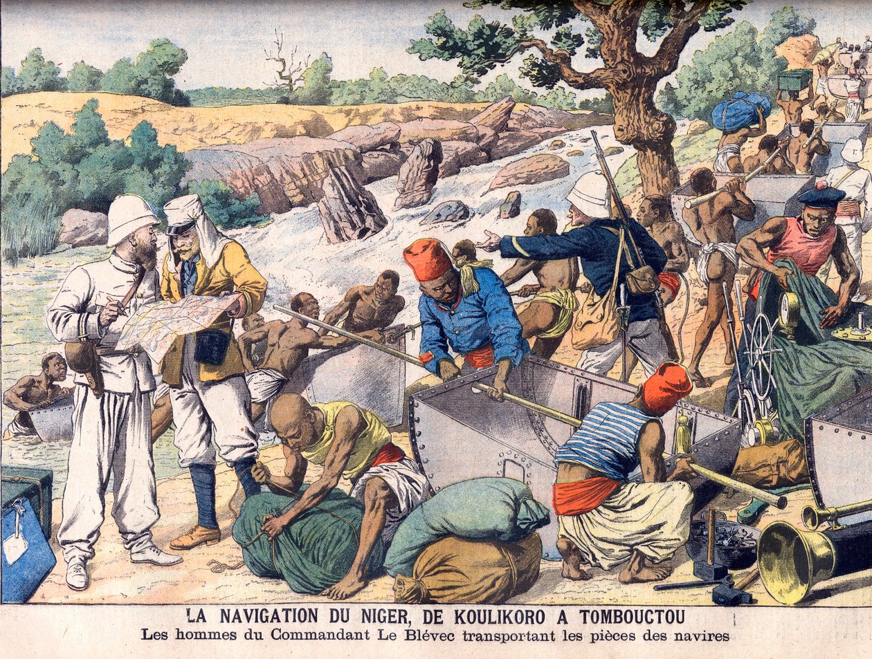 Navigeren op de rivier de Niger tussen Koulikoro en Timboektoe. Een expeditie onder leiding van commandant Le Blevec die boten in secties rond stroomversnellingen vervoert. De navigatie van de Niger, van Koulikoro naar Timboektoe. De mannen van commandant  door French School