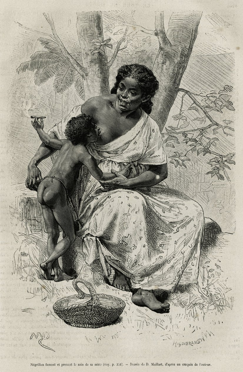 Negillon rookt en drinkt bij haar moeder, in de Darien-regio (oostelijk Panama), gravure naar een tekening van D.Maillart, ter illustratie van het verhaal Exploratie bij de isthmus van Panama en Darien, door A. Reclus, luitenant van schip, 1876-1878 door French School