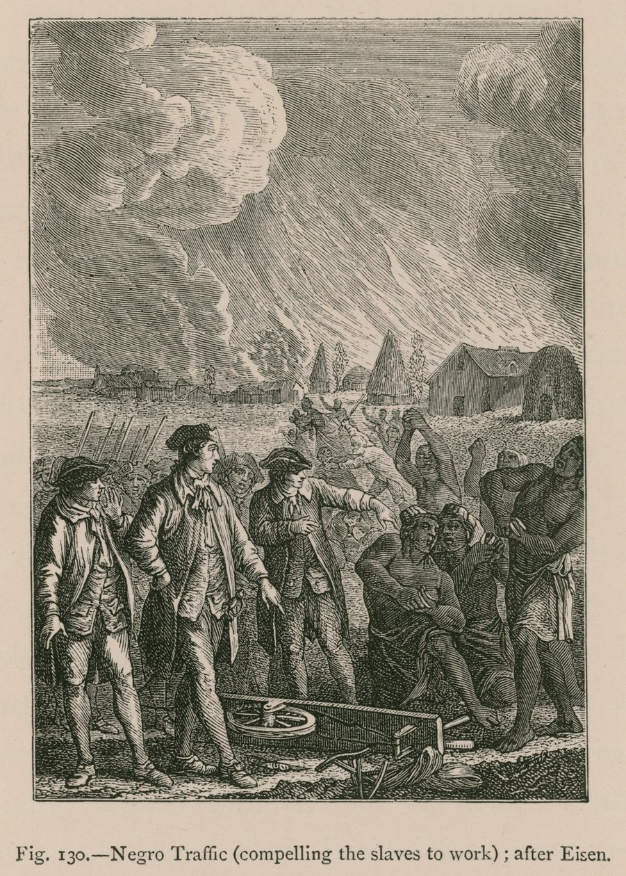 Negerhandel (de slaven dwingen te werken); naar Eisen (gravure) door French School