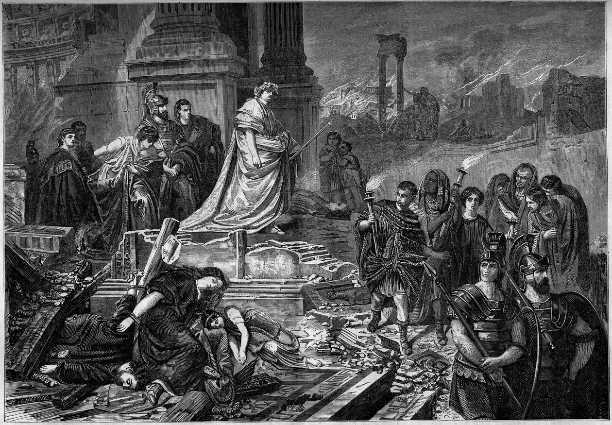 Nero na de brand in Rome in 64. Gravure naar het schilderij van Karl Theodor von Piloty (1826-1886). In 