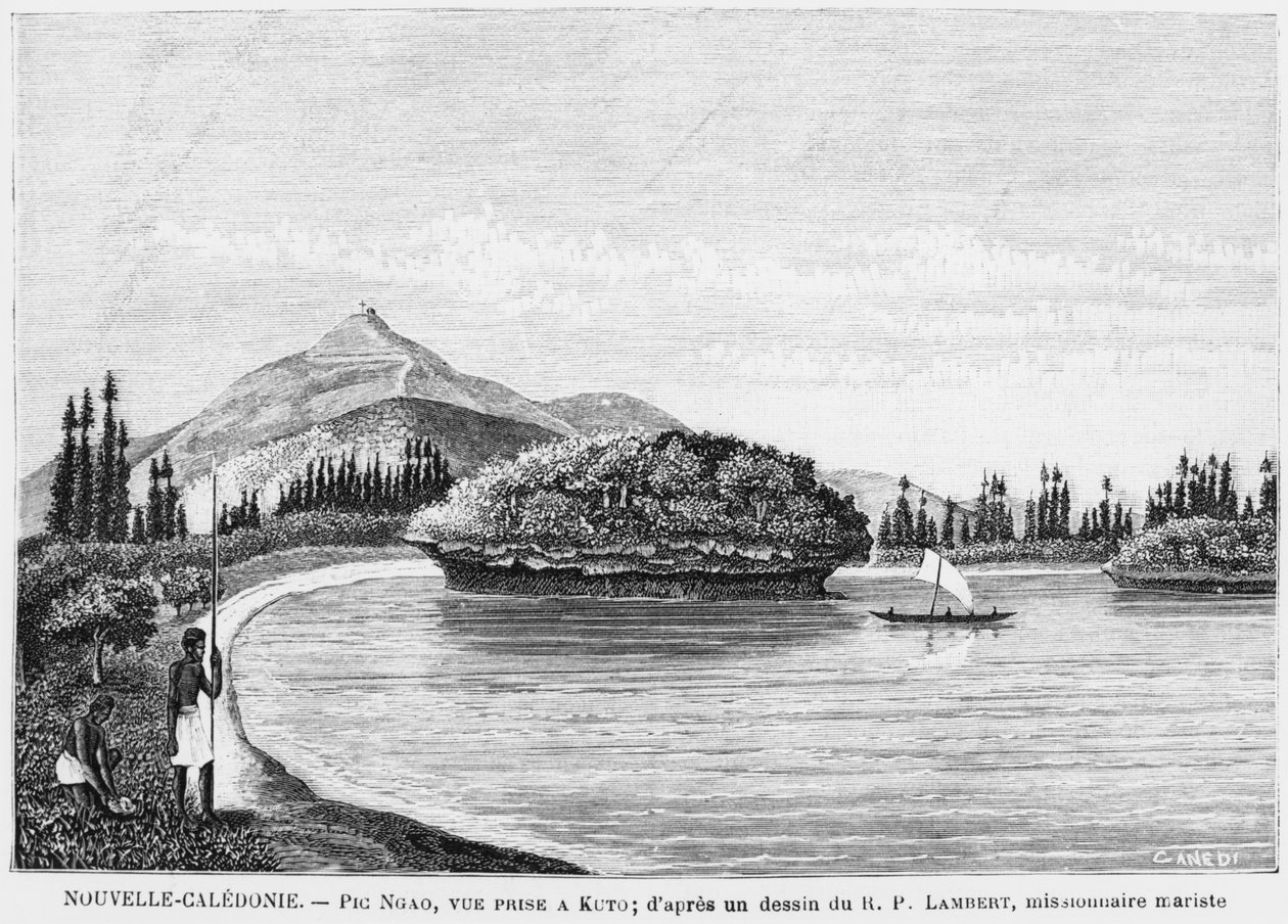Nieuw-Caledonië, Isle of Pines, Pic Nga gezien vanaf Kuto, naar een tekening door Reverend Father Lambert, een Marist missionaris, illustratie uit het bulletin Les Missions Catholiques, 1893 door French School