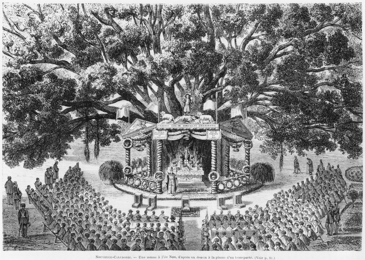 Nieuw-Caledonië, misviering op het eiland Nou, naar een pen- en inkttekening van een gedeporteerde, illustratie uit het bulletin Les Missions Catholiques, 1875 door French School