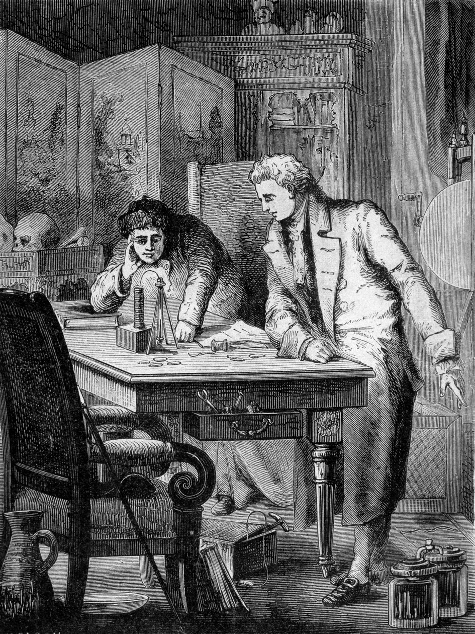 Nicholson en Carlisle, in Londen, ontleden water met de batterij van Volta (batterij van Alessandro (Alexandre) Volta), 2 mei door French School