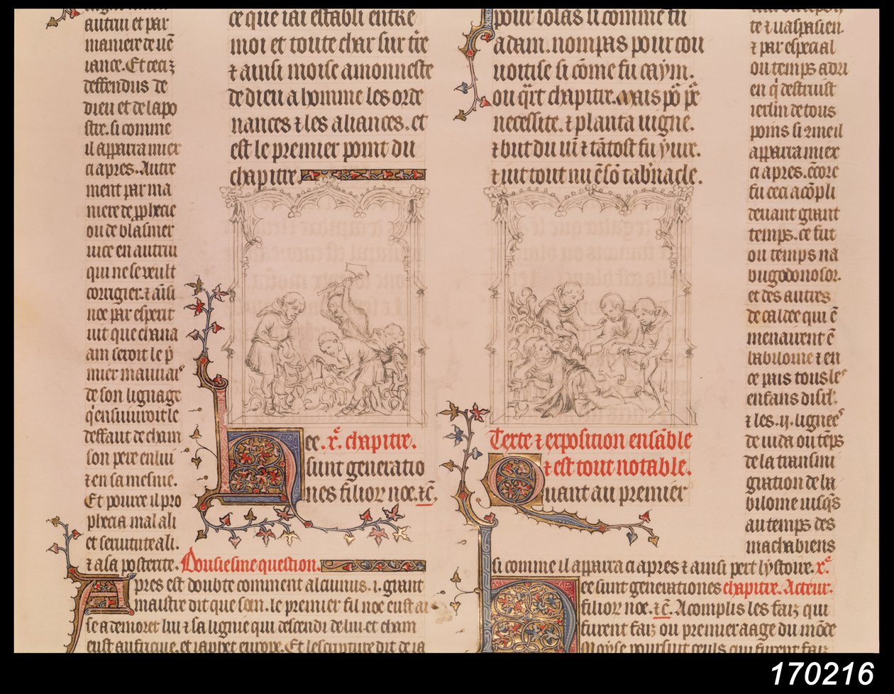 Noach in de wijngaard en de dronkenschap van Noach, uit de Bijbel van Jean Sy, c.1355 door French School