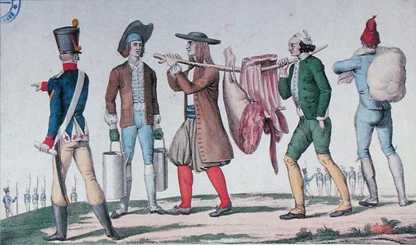 Normandische en Bretonse rekruten die voorraden dragen, uit een serie getiteld 