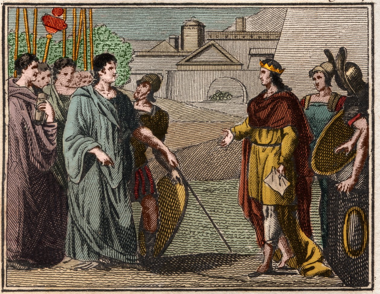 Numa Pompilius, legendarische tweede koning van Rome, retourneert het heilige schild aan de priesters van Mars. door French School