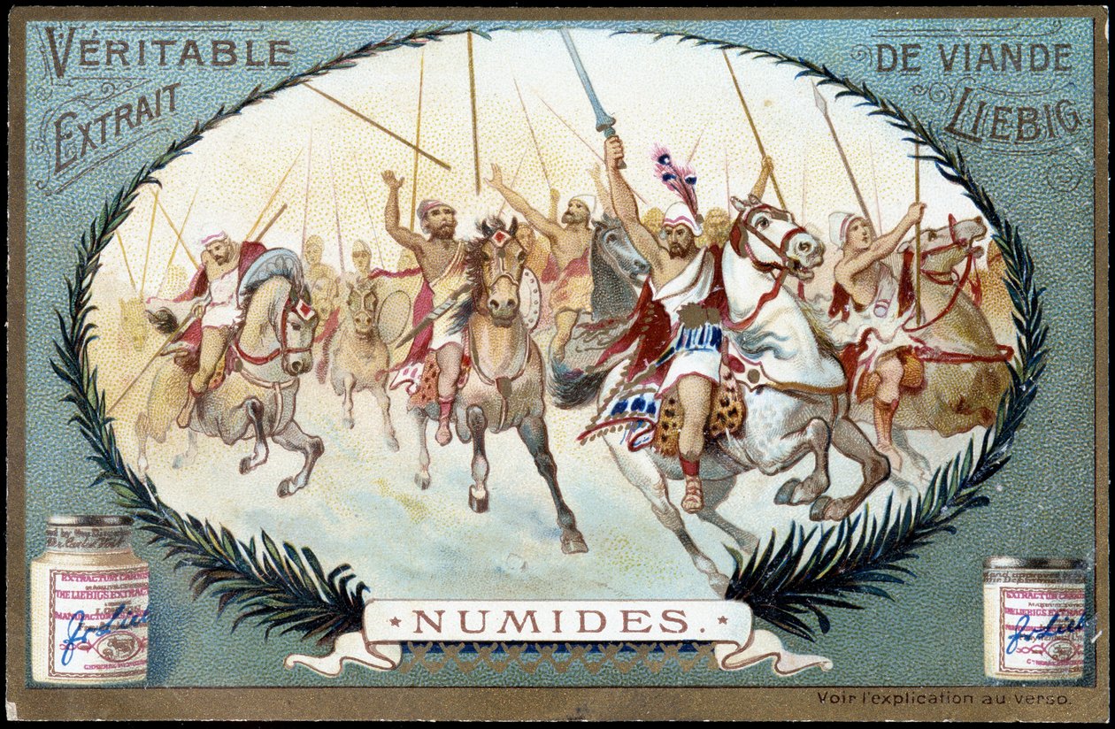 Numidië in de oudheid: Numidisch ruiterspel. Liebig chromolithografie eind 19e eeuw door French School