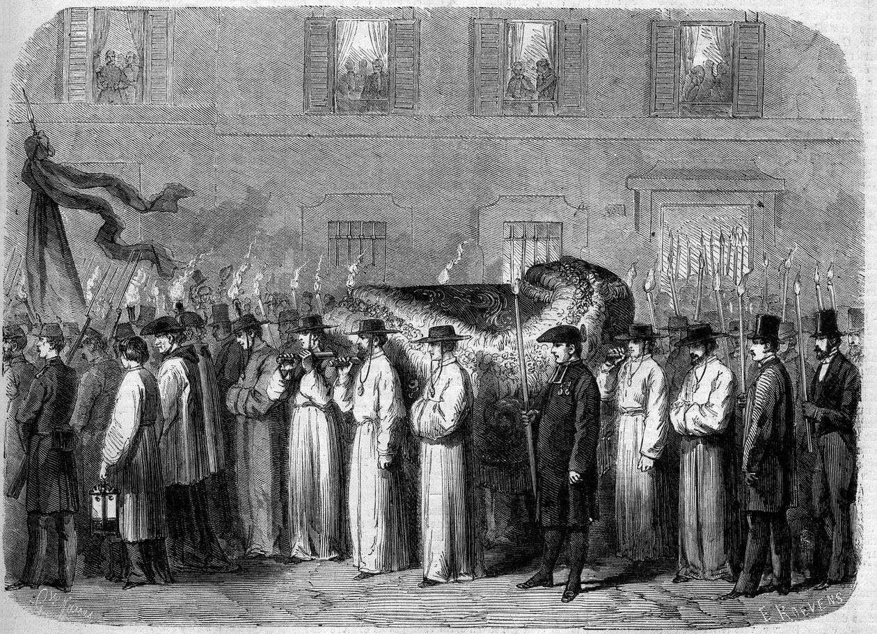 Begrafenis van Jean Baptiste (Giovanni Battista) Niccolini (1782-1861), 21 september 1861: begrafenisstoet met de overblijfselen van de Italiaanse dichter in de straten van Florence (Firenze), Italië. Gravure in 