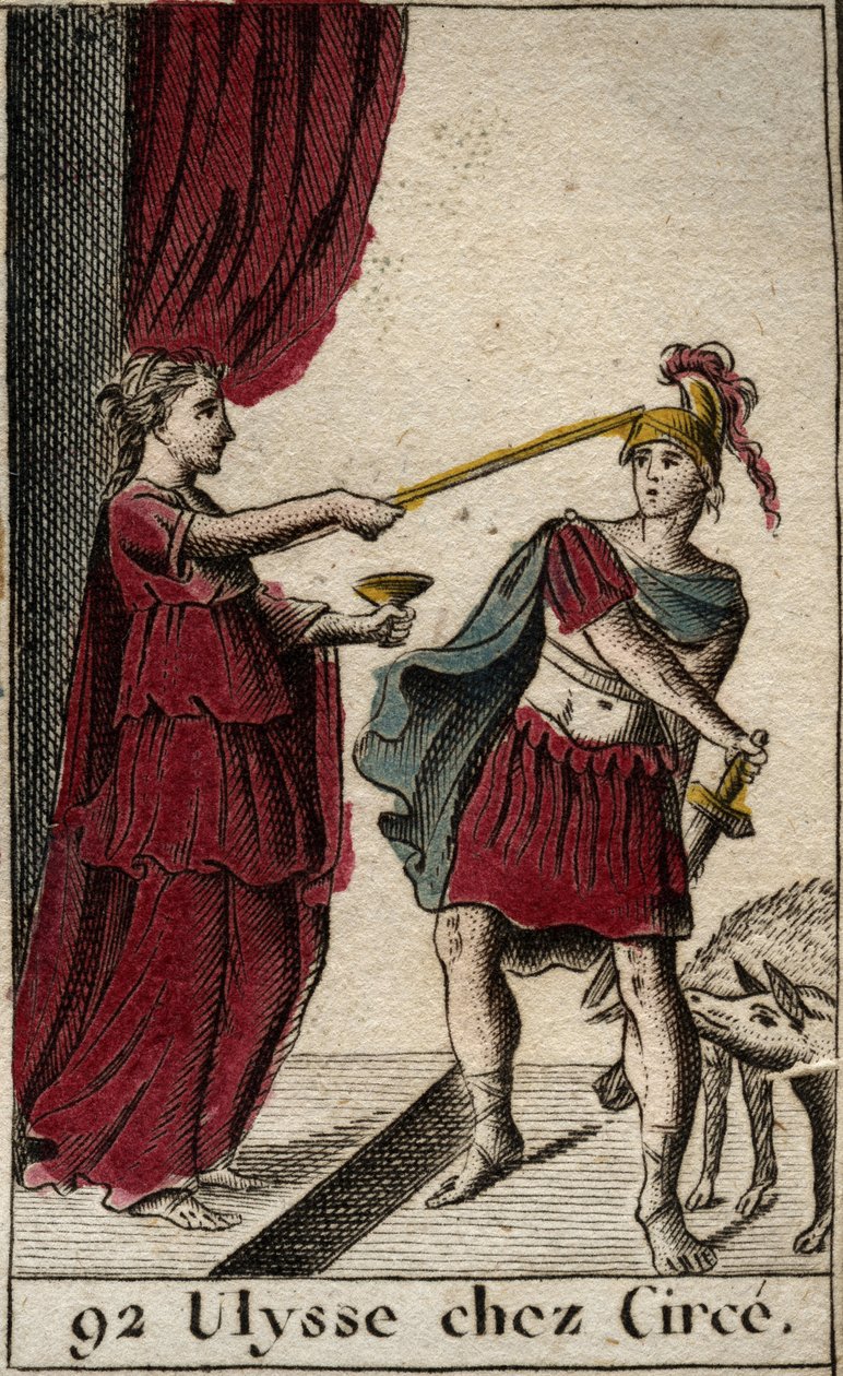 Odyssee van Homerus: de held Odysseus bij Circe de tovenares. Achter hem zijn metgezellen die zij in varkens veranderde. Uit 