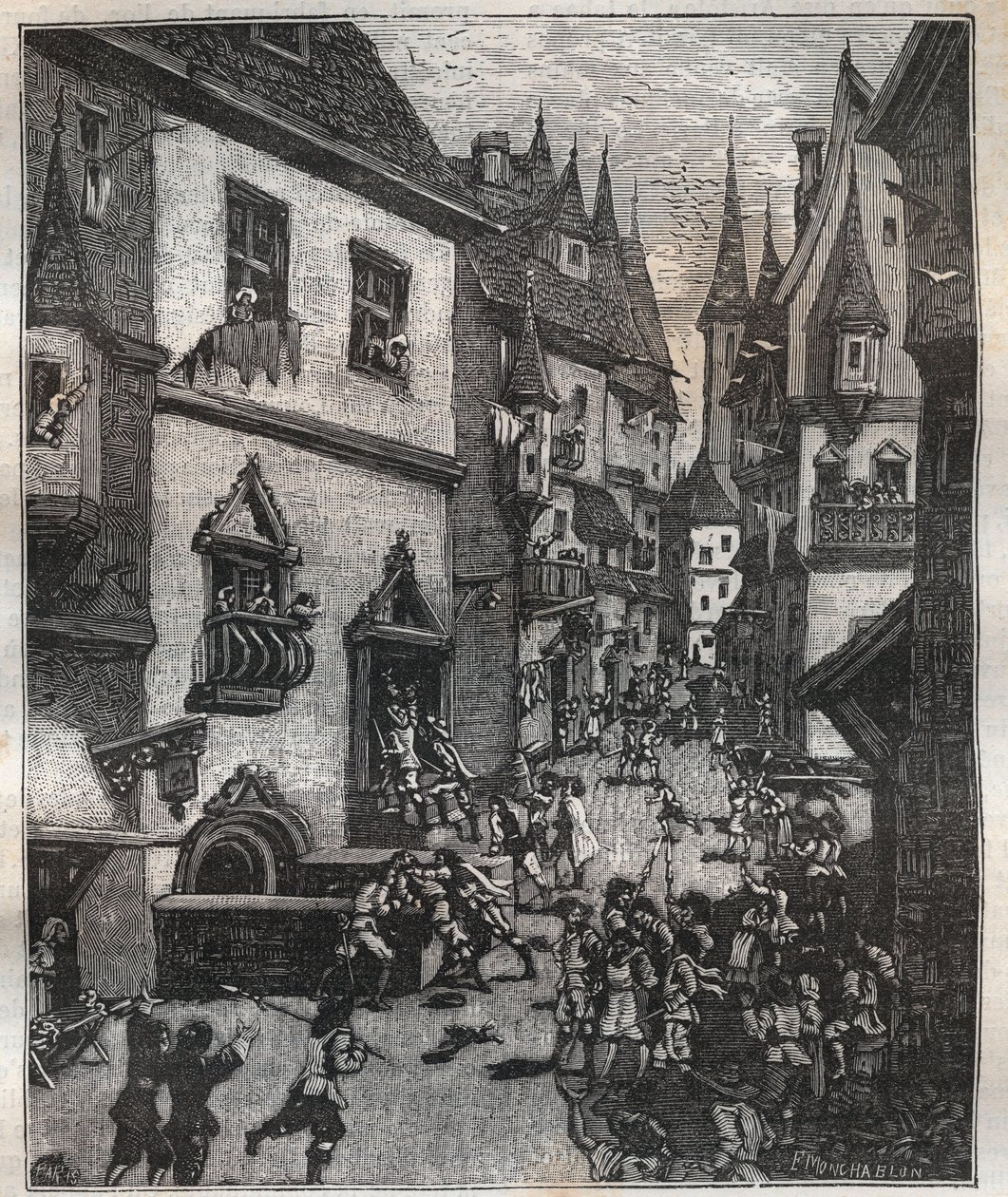 Op 20 mei 1636 werden acht vervalsers gearresteerd in de rue Champfleuri door twee politiecommissarissen vergezeld door een dozijn sergeanten - in "Parijs door de eeuwen heen" door Nicolas Jules Henri Gourdon de Genouillac (1826-1898). door French School