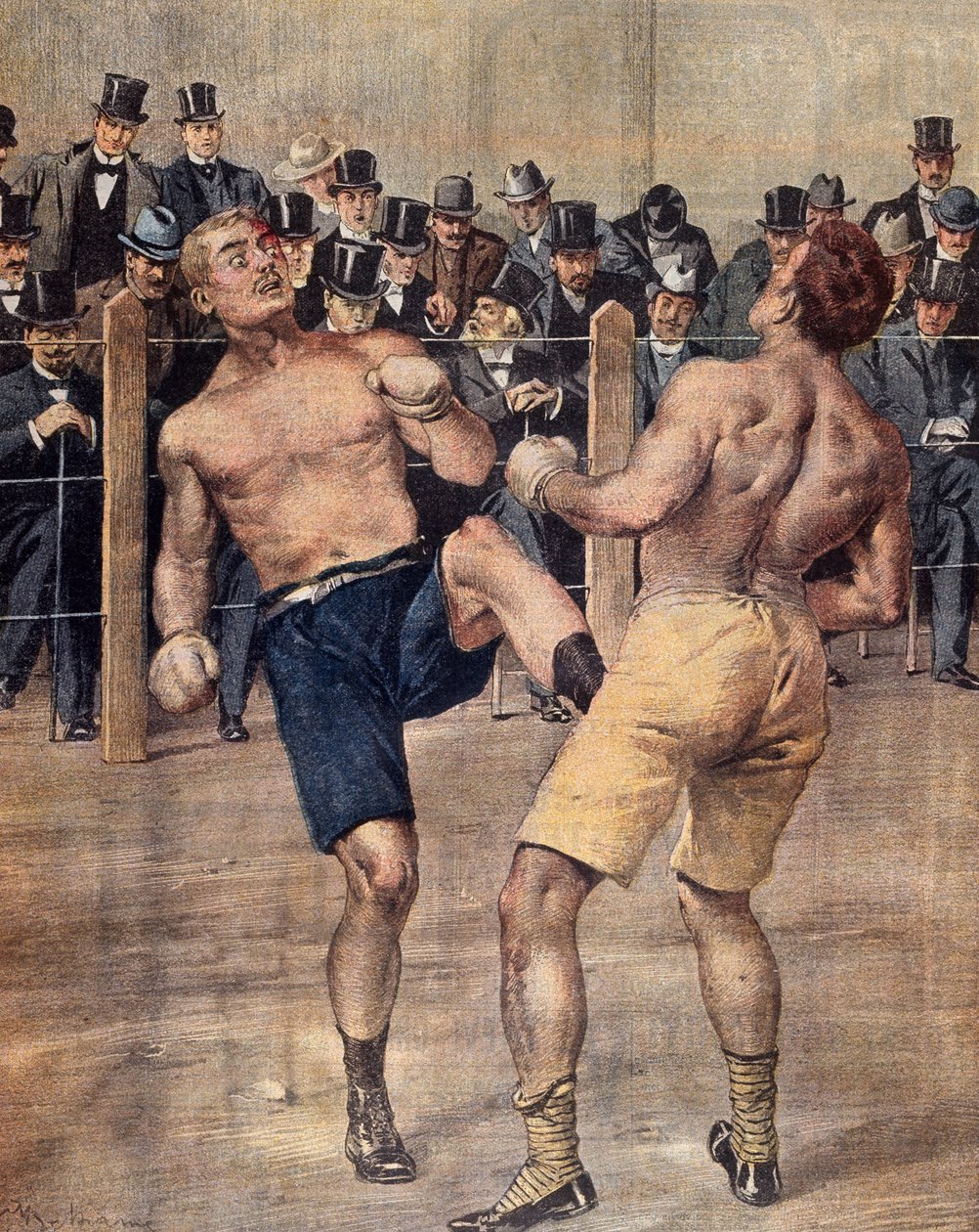 Een van de eerste savate-wedstrijden, Frans boksen, gevochten in Parijs in 1899 (kleurgravure) door French School