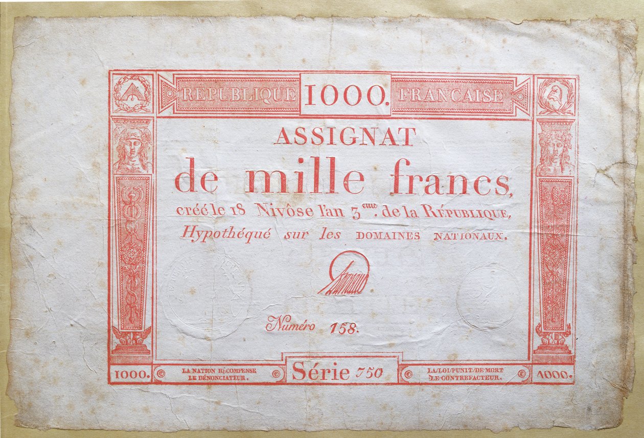 Duizend frank bankbiljet, 1795 door French School