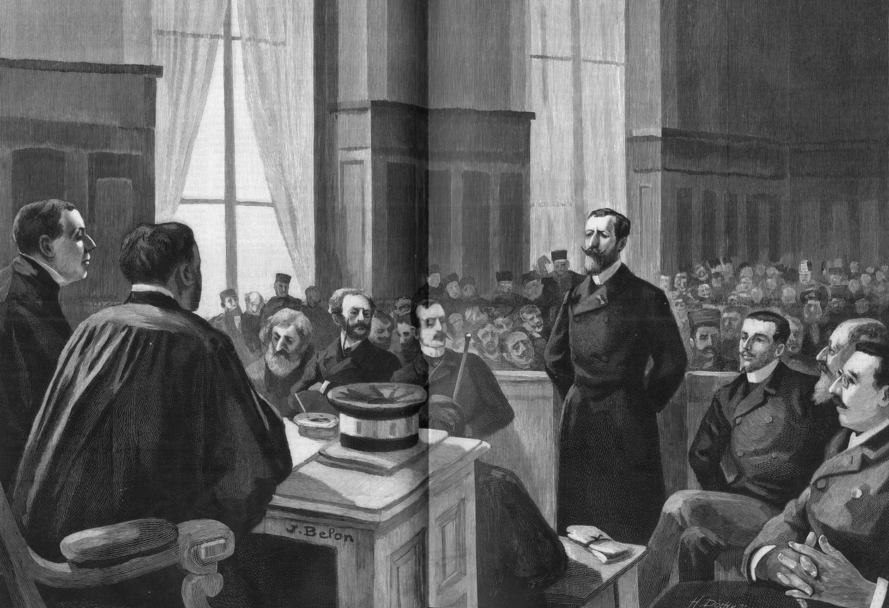 Opening van de zittingen van de Liga van Patriotten in 1889. President Gillet, Naquet, Laisant, Laguerre, Deroulede, Richard, Turquet, Gallian. door French School