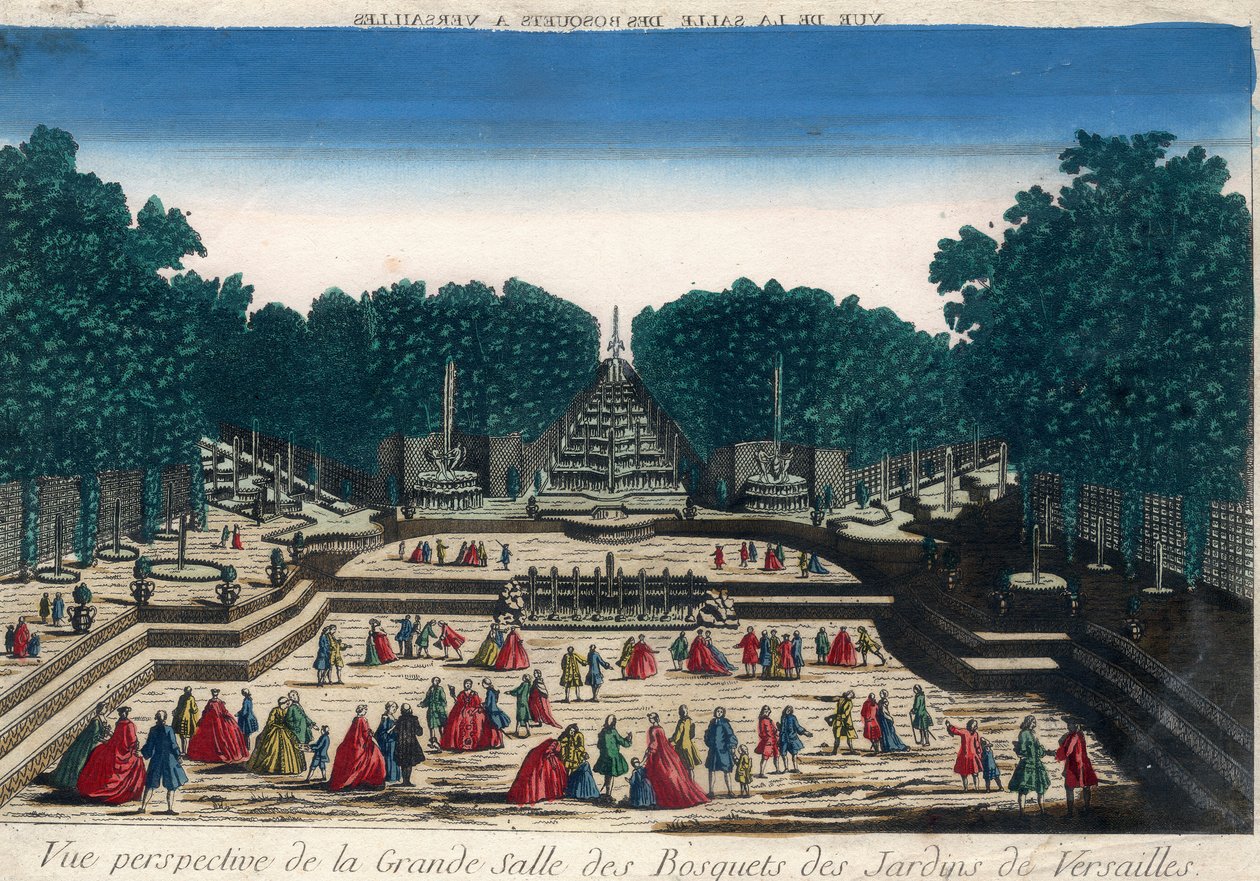 Optisch uitzicht: Perspectief van de grote zaal van de bossen van de tuinen van Versailles. Gravure uit de 18e eeuw. door French School