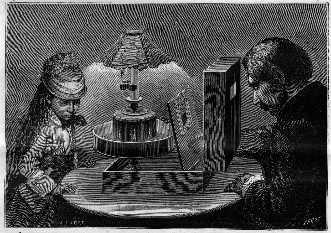 Optische illusie: het praxinoscoop theater, apparaat uitgevonden door Emile Reynaud (1844-1918). Gravure in 