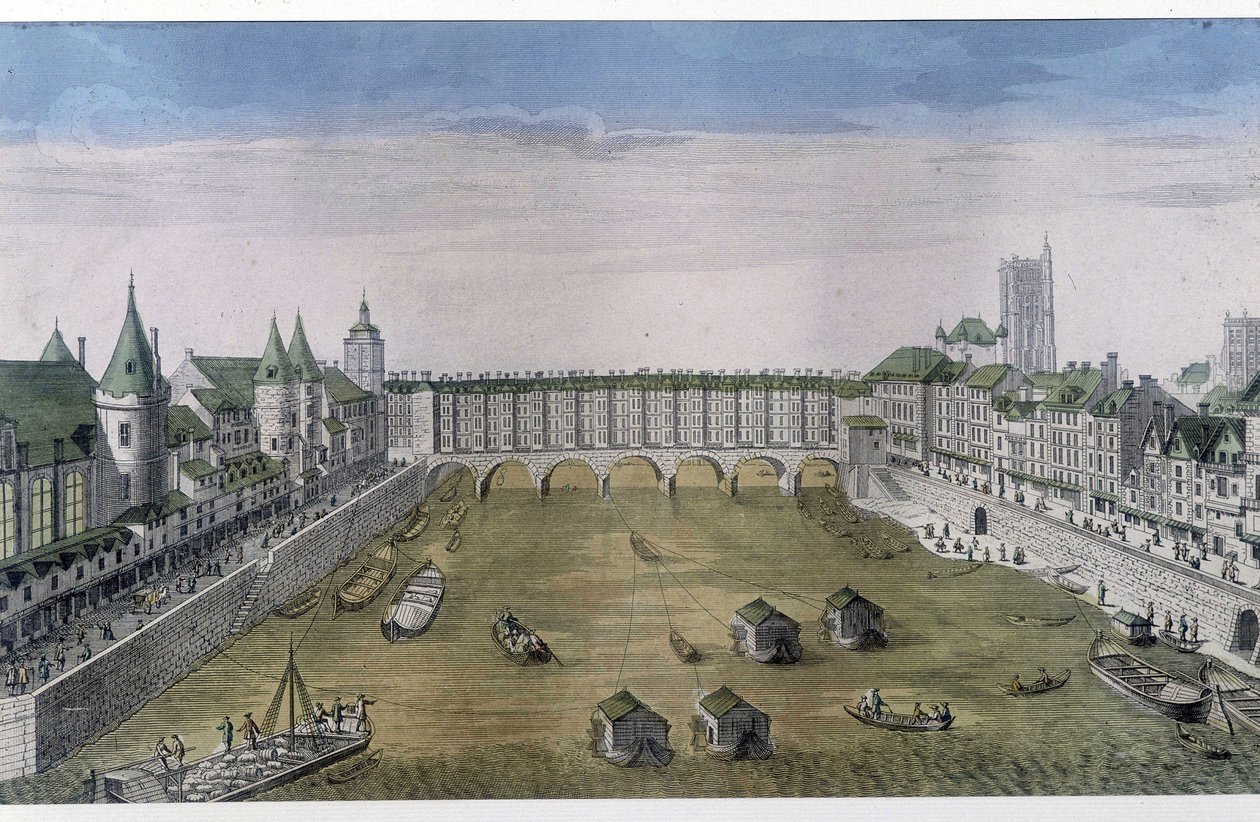 Optisch uitzicht op Parijs: Le Pont au change, ca. 1800, stad Parijs door French School