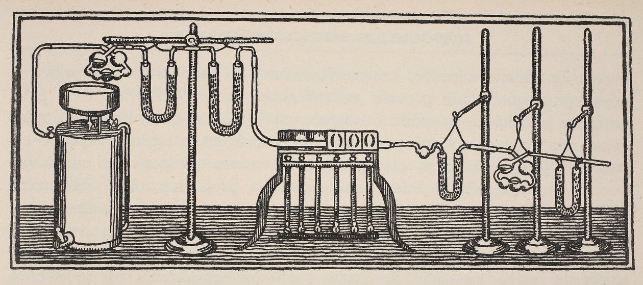 Organische chemische analyse, kopie door Boris Mestchersky (d.1957) illustratie uit Histoire de la Nation Francaise, Sciences, Volumes I & II, door Gabriel Hanotaux (1853-1944), 1924 door French School