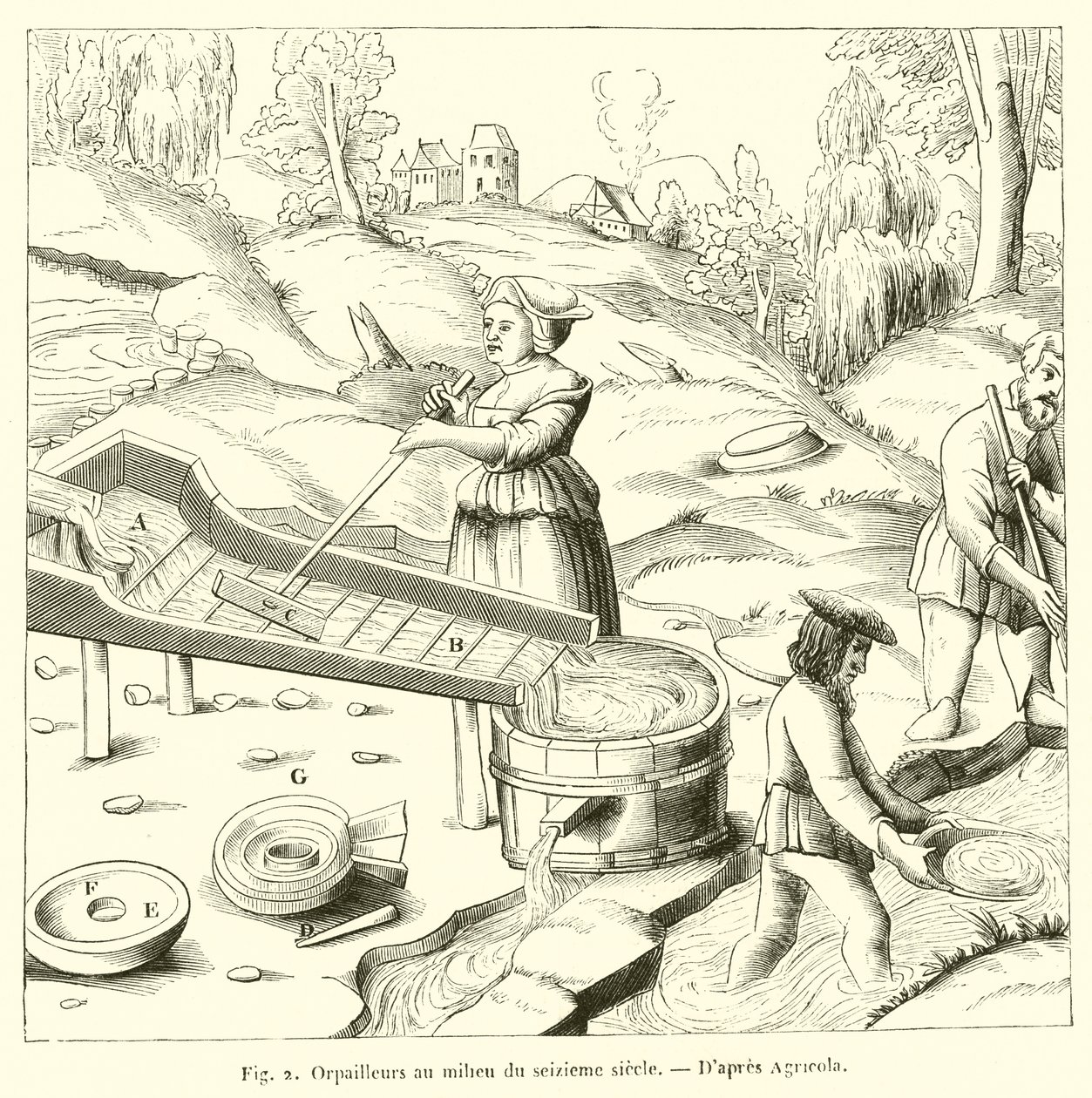 Goudzoekers in het midden van de zestiende eeuw (gravure) door French School