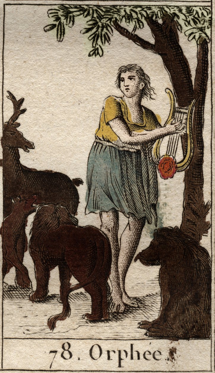Orpheus betovert de wilde dieren door op zijn lier te spelen. Uit 
