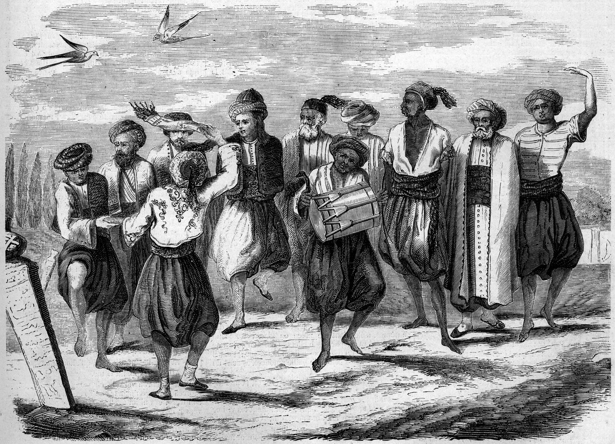 Orthodox feest: Griekse Paasdans op het Grote Veld van de Doden in Constantinopel. Gravure in 