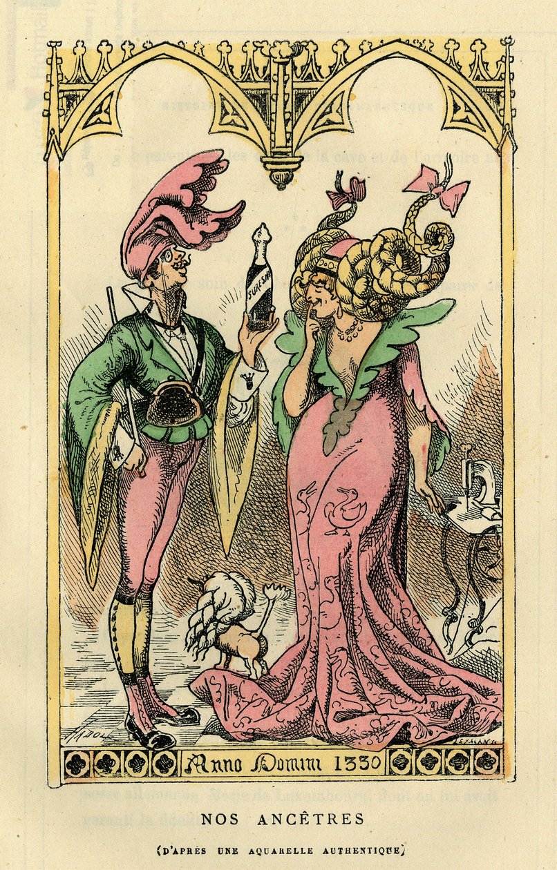 Onze Voorouders, karikatuur naar een aquarel van 1330. In “Histoire de France Tintamarresque” door Touchatout, Parijs door French School