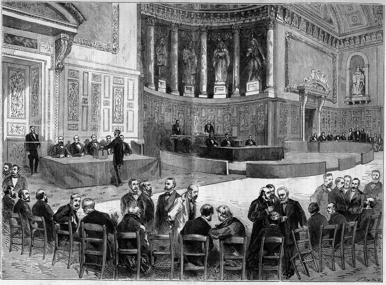 Palais du Luxembourg in Parijs: verkiezing van 30 januari voor de verkiezing van senatoren van het departement van de Seine. Staand, de stoel in één hand wordt herkend als Victor Hugo (1802-1885), politicus. Gravure in 