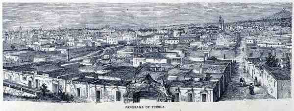 Panorama van Puebla, Centraal Mexico, uit De oude steden van de Nieuwe Wereld, door Claude-Joseph-Desire Charnay, uitgegeven 1887 door French School