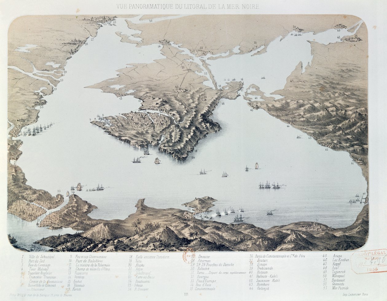Panoramisch uitzicht en plan van Sebastopol en de Zwarte Zeekust ten tijde van de Krimoorlog, 1855 door French School