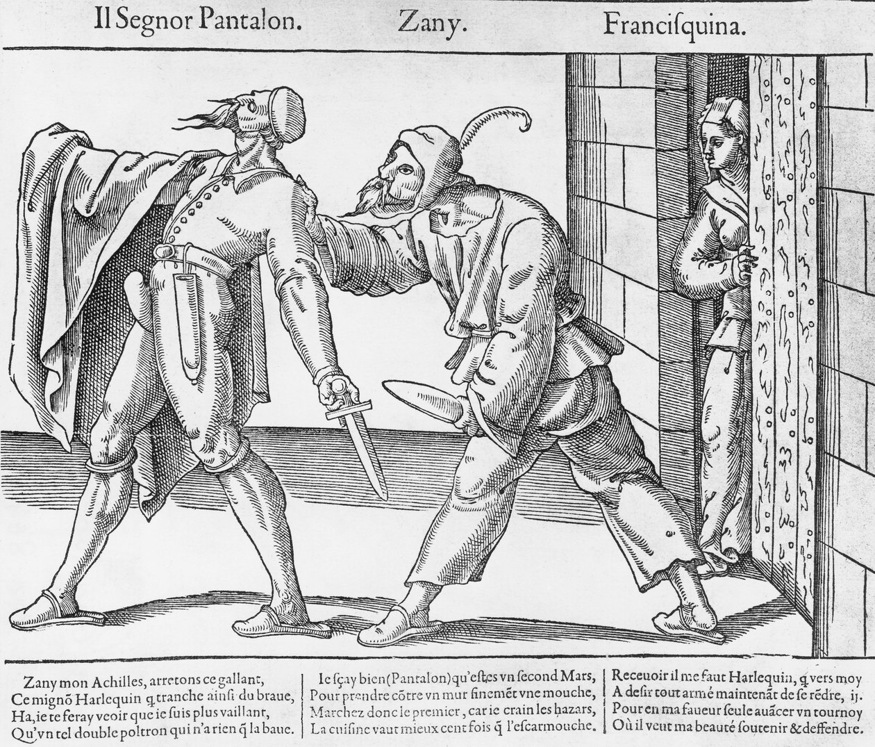 Pantalone, Zanni en Franceschina, scène uit de Italiaanse Commedia dell