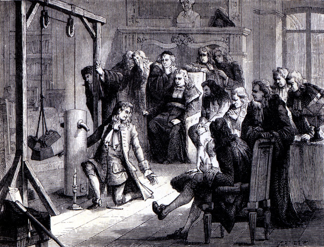 Papin (1647 - 1714) experimenteert met zijn poedermachine voor de professoren van de Universiteit van Marburg - in 