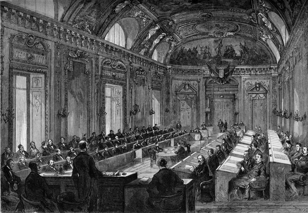 Parijs, 4 augustus 1871: eerste vergadering van de gemeenteraad in de Troonzaal van het Palais du Luxembourg. Gravure in 