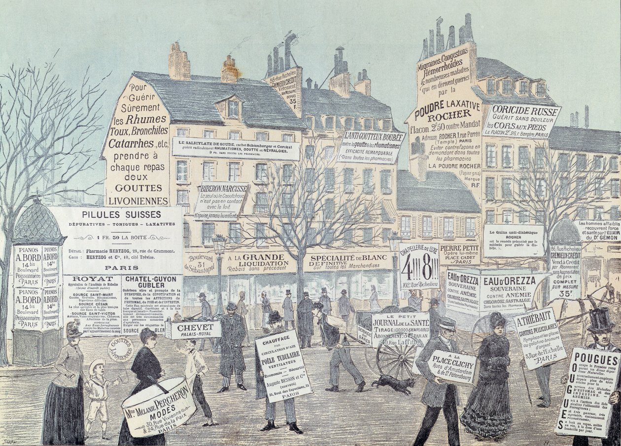 Parijse straat met veel advertenties, voornamelijk voor medicijnen, 1885 (kleurgravure) door French School