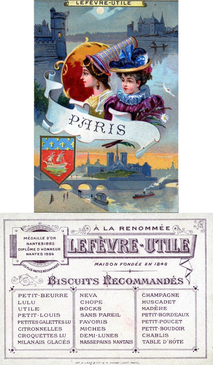 Parijs, voor- en achterkant van een promotiekaart voor Lefèvre-Utile (LU) biscuits, eind 19e eeuw door French School