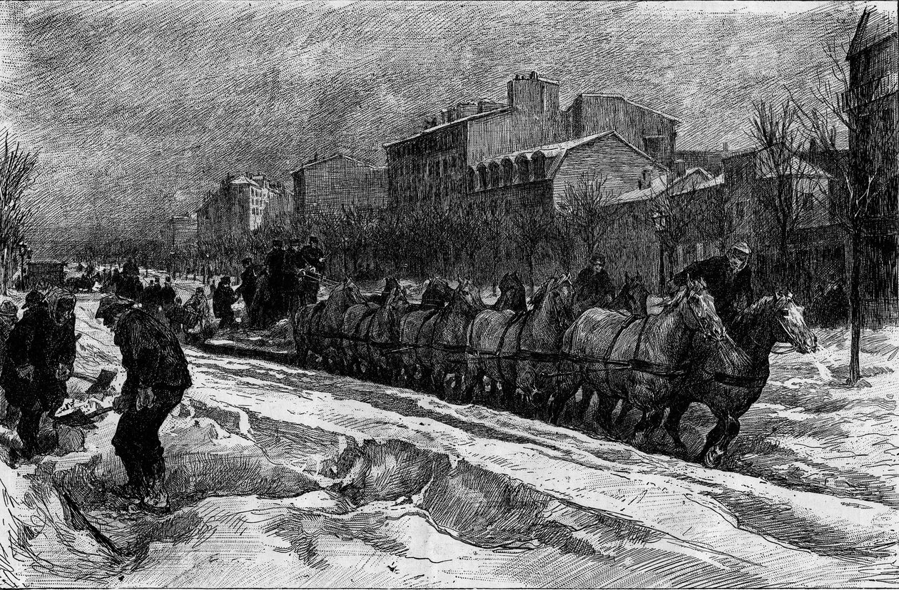 Parijs onder de sneeuw, winter 1879-1880: de ijsploeg van Boulevard Montparnasse. Gravure in "Le Monde Illustré" n°1188 van 3 januari door French School