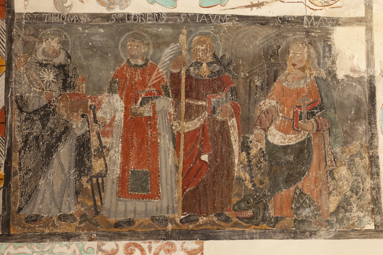 Parochiekerk (Església de la Mare de Déu de Solers). Interieur. De beuken. Muurschilderingen. (detail) 16e eeuw (?) door French School