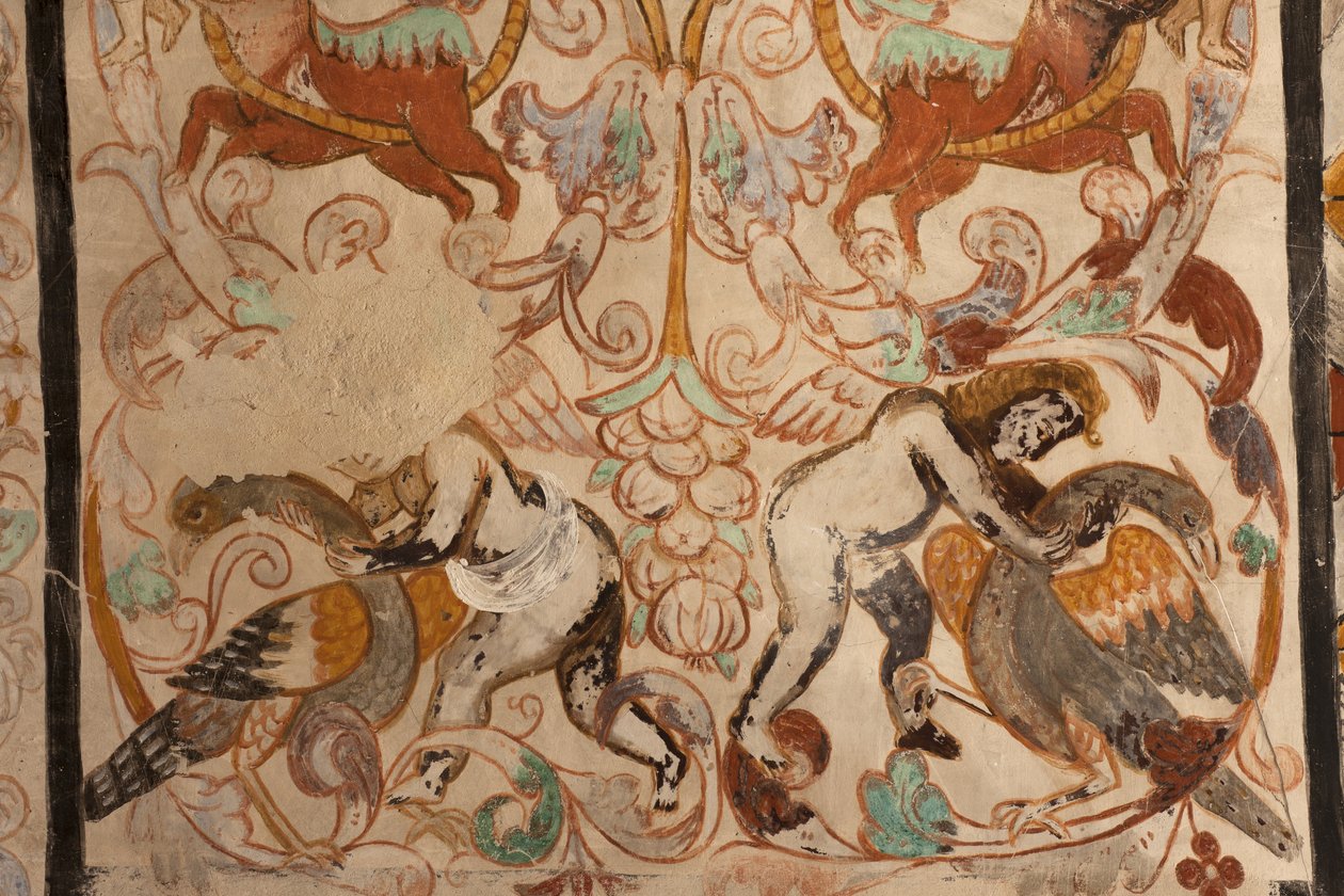 Parochiekerk (Església de la Mare de Déu de Solers). Interieur. De beuken. Muurschilderingen. (detail) 16e eeuw (?) door French School