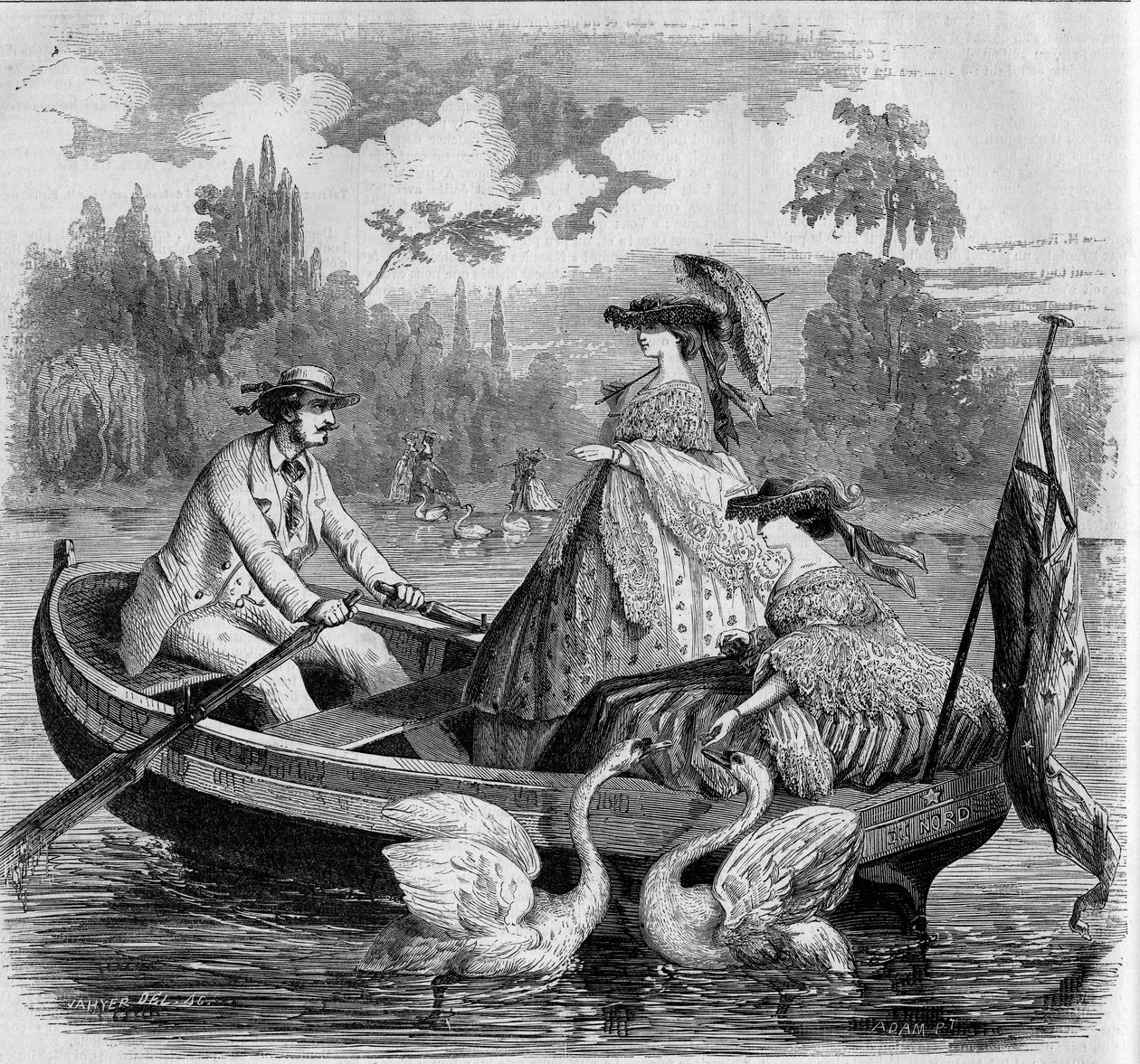 Parijse modes, zomer 1857: boottocht op een meer. Gravure in 
