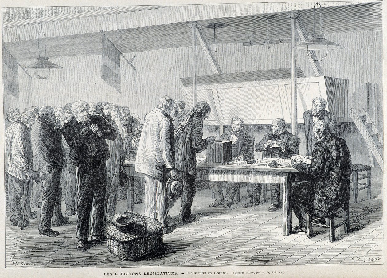 Parlementsverkiezingen: een stembureau in Beauce - in "Le Monde Illustré", maart 1876 door French School